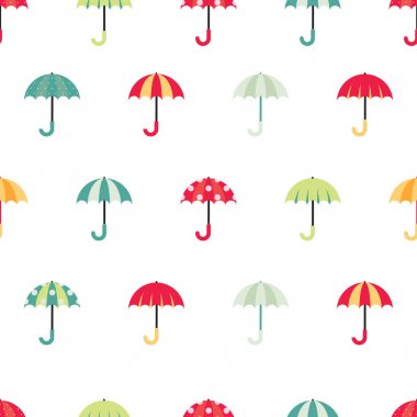 Renkli şemsiye ile şirin düzenli seamless modeli. Beyaz arka plan üzerinde vektör çizim.