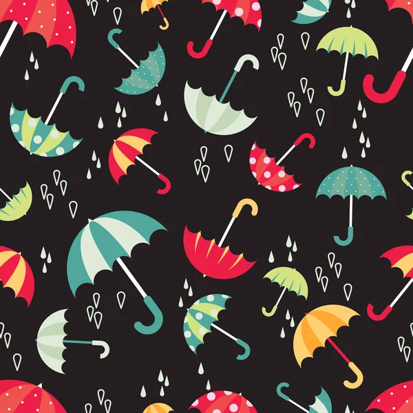 Красочные яркие зонты бесшовный узор современный дизайн с капли воды. Векторная иллюстрация на тёмном фоне . — стоковый вектор