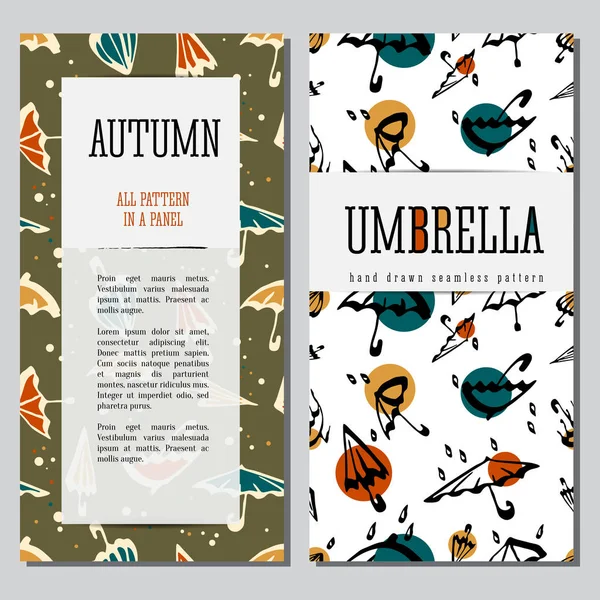 Regenschirme nahtlose Muster handgezeichnete Illustration. Vektorkarten entwerfen Vorlage mit Text. — Stockvektor