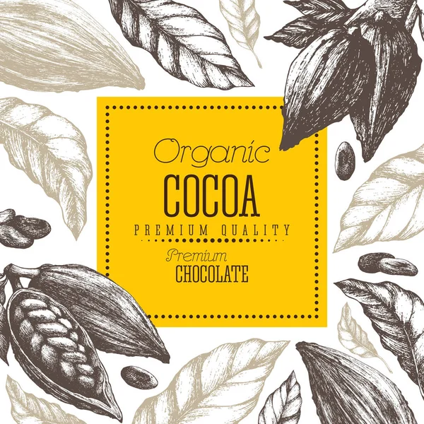 Chocolade cacao producten vector illustratie met bladeren en peulen. Handgemaakte zoete, biologische voeding, eco-ontwerp. Vintage geïsoleerde. — Stockvector