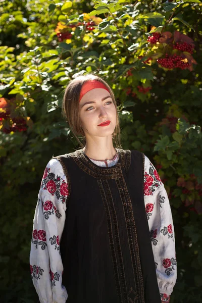 Mooie Oekraïense Meisje Met Lang Haar Nationale Kleding Geborduurd Een — Stockfoto