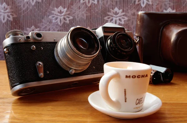 Cameras Cover Wooden Table Vintag — Stock Photo, Image