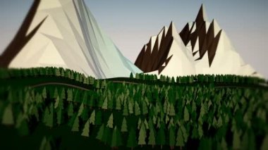 Düşük Poli manzara. Ağaçlar, dağlar ve yol