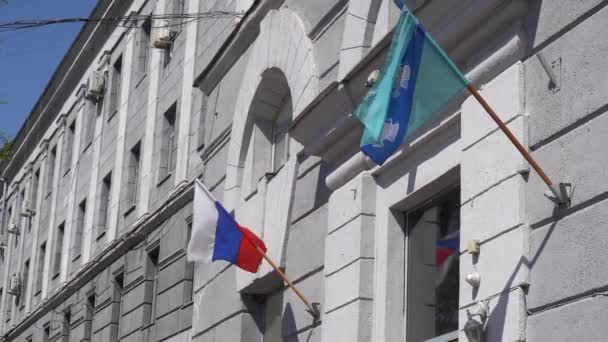 Two flags,fluttering from the hotel building — Stock Video