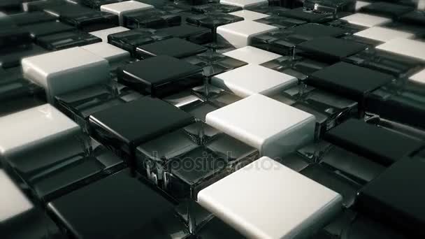 Mouvement des cubes. Fond futuriste avec cubes noirs, blancs et en verre. Cubes avec réflexion 