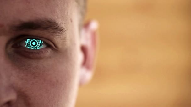 Close-up tot oogbol met futuristische 3d targeting systeem — Stockvideo