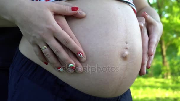 Handen strelen zwangere buik. Echtgenoten handen strelen van de buik van zijn zwangere vrouw. Zachte zonsondergang zon brandt de scène — Stockvideo