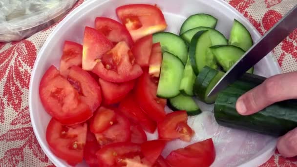 Fette di cetriolo fresche su un piatto bianco. Preparazione insalata verde . — Video Stock