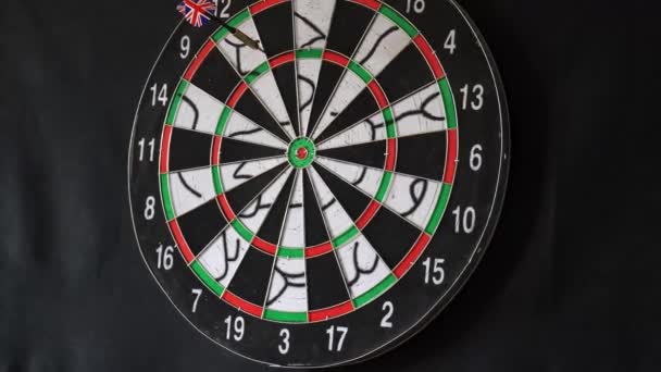 Six Dart Arrows Hitting In Dartboard — Stock Video