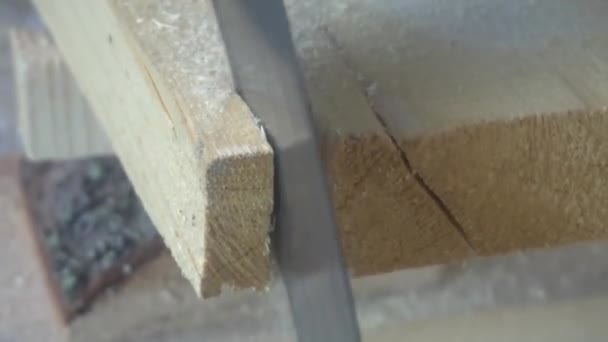 Работа с ручной пилой, распиливающей деревянную доску — стоковое видео