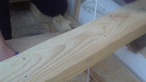 Preparándose para trabajar con una sierra para cortar una tabla de madera — Vídeos de Stock