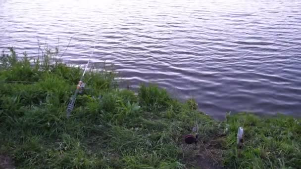 Pólo de pesca à espera de peixe para morder isca — Vídeo de Stock