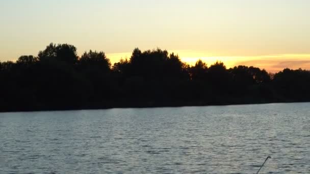 Narancsszín napkelte a folyón, a háttérben erdő — Stock videók