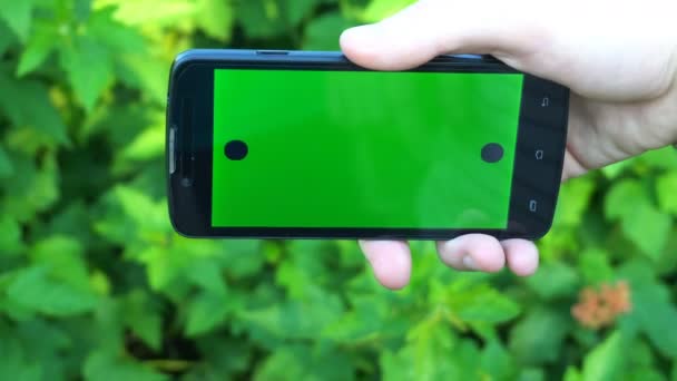 Närbild av manliga händer som håller smartphone med grön skärm-prekeyed effects.nature i bakgrunden — Stockvideo