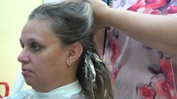 Nő a fodrásznál, fodrász festi a haját — Stock videók