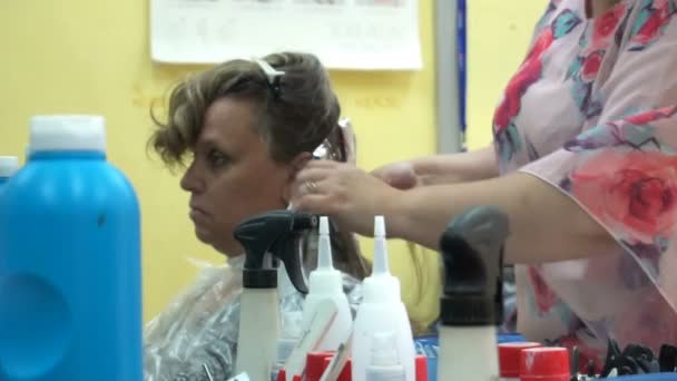 Vrouw bij de kapper, haar stylist verft haar haar — Stockvideo