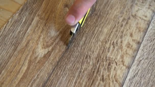 O trabalhador corta o linóleo com uma faca de utilidade, montagem de piso de linóleo — Vídeo de Stock