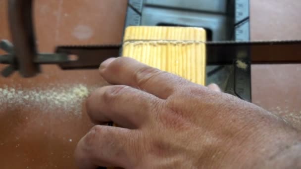 Рабочий пилит ножовкой, деревянный бар — стоковое видео