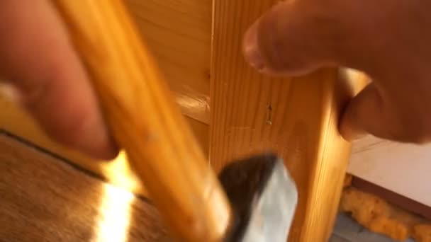 Detail van de werknemer met een spijker en een hamer — Stockvideo