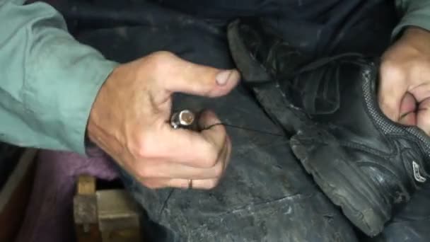Obuvník v práci.Proces opravy obuvi v dílně — Stock video