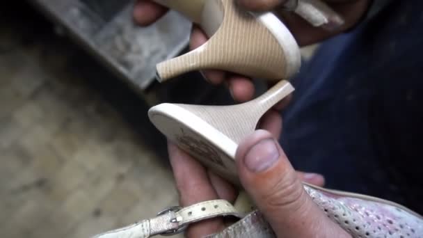 Ο τσαγκάρης στην εργασία.Η διαδικασία επισκευής παπουτσιών στο εργαστήριο — Αρχείο Βίντεο