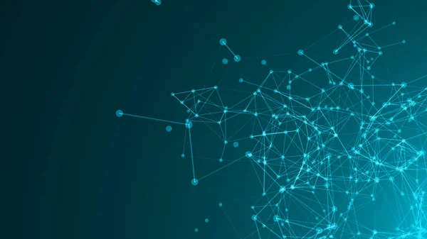 Parlak mavi arkaplanda soyut bağlantılı noktalar. Teknoloji konsepti