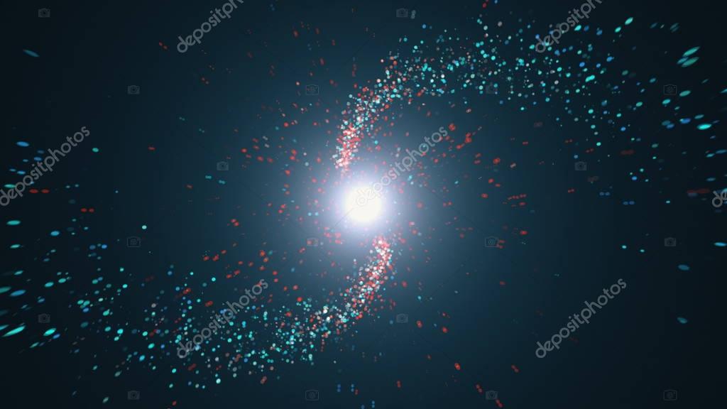 Opening intro Flash light, Lens flare, Red and blue particles. 3d render