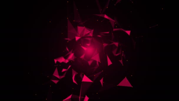 Through the spatial triangles. Space background of dots, lines. — Stock Video