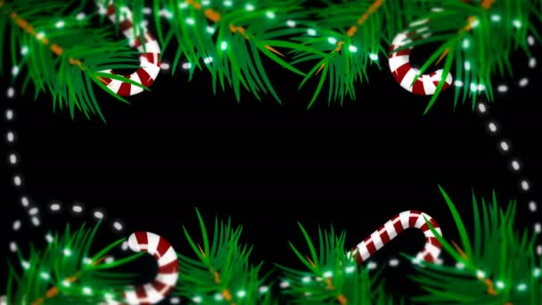 Kerst frame op zwarte achtergrond. Abstracte achtergrond met brunch bomen, candys en verlichting — Stockvideo