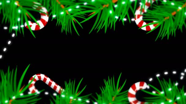 Christmas ram på svart bakgrund. Abstrakt bakgrund med brunch träd, candys och lampor — Stockvideo