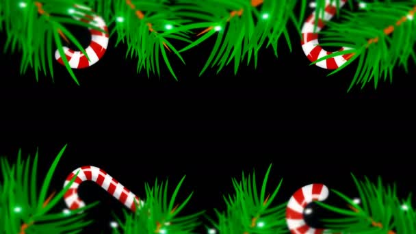 검은 배경에 크리스마스 프레임입니다. 브런치 나무, candys와 조명 추상 배경 — 비디오