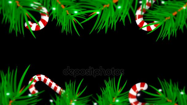 Christmas ram på svart bakgrund. Abstrakt bakgrund med brunch träd, candys och lampor — Stockvideo