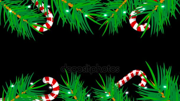 Christmas frame on black background. Abstract backdrop with brunch trees, candys and lights — Stock Video