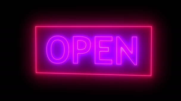 Open Sign Neon isoliert auf schwarzem Hintergrund — Stockvideo