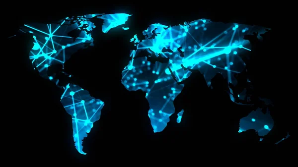 Mapa moderno da rede de comunicações do mundo em fundo escuro, renderização 3D — Fotografia de Stock