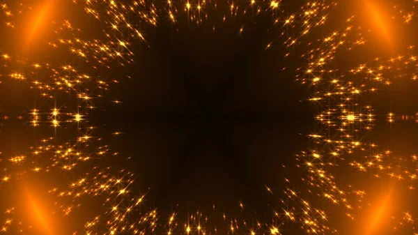 Ακτινική χρυσό καλειδοσκόπιο με λαμπερά αστέρια σε μαύρο, πολλά μόρια, εορταστική 3d rendering σκηνικό — Φωτογραφία Αρχείου