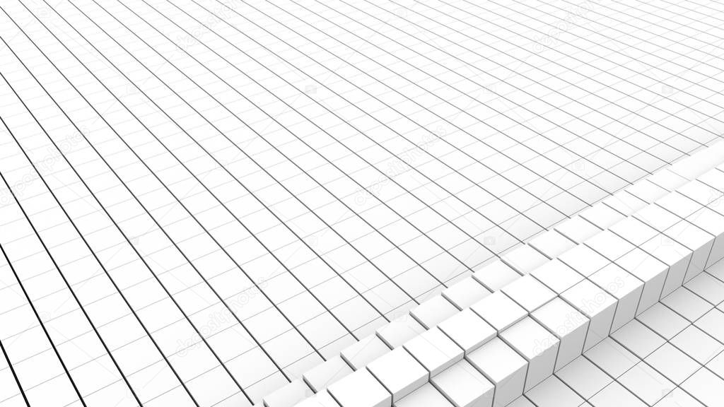 Abstract geometric many rising and falling white cubes, computer generated 3D rendering