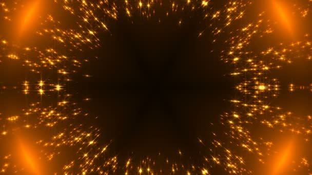 Caleidoscópio de ouro radial com estrelas brilhantes no preto, muitas partículas, cenário de renderização 3D comemorativa — Vídeo de Stock