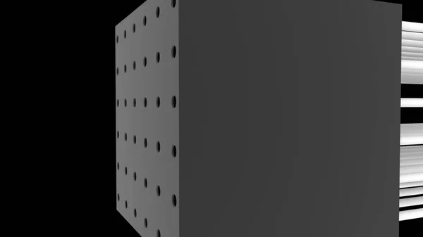 Cubo e molti bastoni sul nero, rendering 3D generato dal computer — Foto Stock