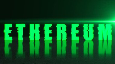 Blockchain kavramı, şık ethereum metin yansıma, 3d işleme arka plan ile yüzeyi