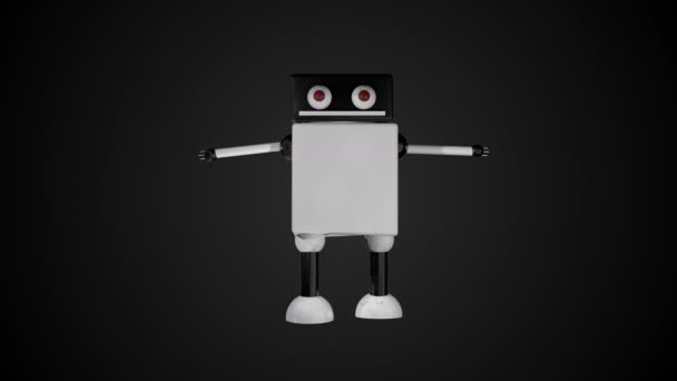 Robô indo engraçado com olhos grandes no espaço preto, 3D renderizar fundo, gerador de computador — Vídeo de Stock
