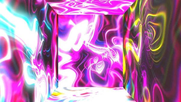 Square futuristic room with abstract glow energy visual illusion on walls, 3d rendering computer generating backdrop