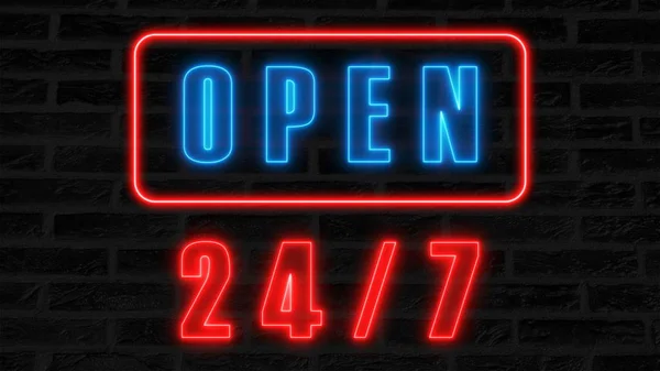 Abrir 24-7 sinal de néon, retro estilo tabuleta para bar ou clube, 3d renderizar computador gerado fundo — Fotografia de Stock