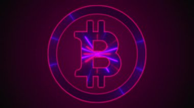 Neon çizgileri olan bitcoin. Bilgisayar tarafından oluşturulan dijital simge. Web arkaplanı üzerinden 3D şifreleme