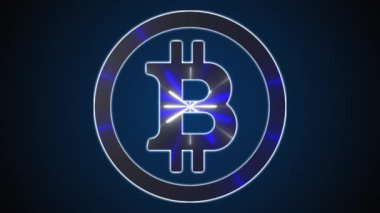 Neon çizgileri olan bitcoin. Bilgisayar tarafından oluşturulan dijital simge. Web arkaplanı üzerinden 3D şifreleme