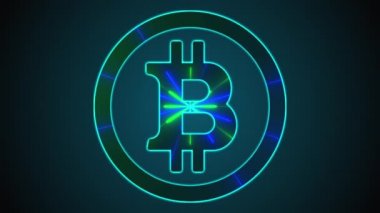 Neon çizgileri olan bitcoin. Bilgisayar tarafından oluşturulan dijital simge. Web arkaplanı üzerinden 3D şifreleme