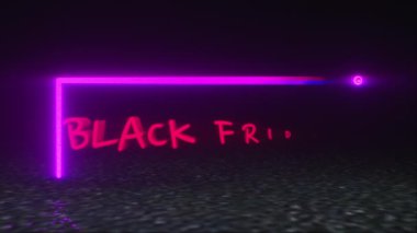 Bilgisayar, neon pankartlı kara Cuma 'yı oluşturdu. Parlayan neon bir metin çerçevesinin 3D görüntüsü. Döner reklam plakası