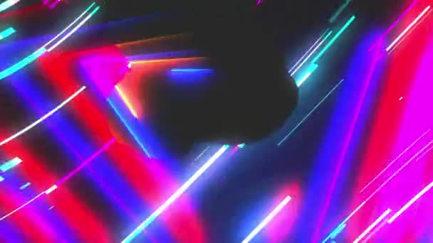 Neon tüneli gibi parlak şekillere sahip neon bileşimi karanlık uzayda, 3D görüntüleme bilgisayarı oluşturulmuş arkaplan — Stok video