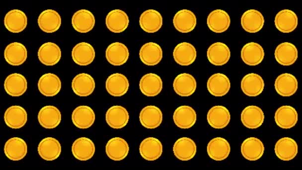 Компьютер сгенерировал набор вращающихся рядов с золотыми монетами. 3D рендеринг выигрышного фона — стоковое видео