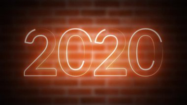 Yeni Yıl tabelası 2020, tuğla işçiliği arka planında, bilgisayar üretimi. Yeni Yıl Kutlamasının 3D sunumu